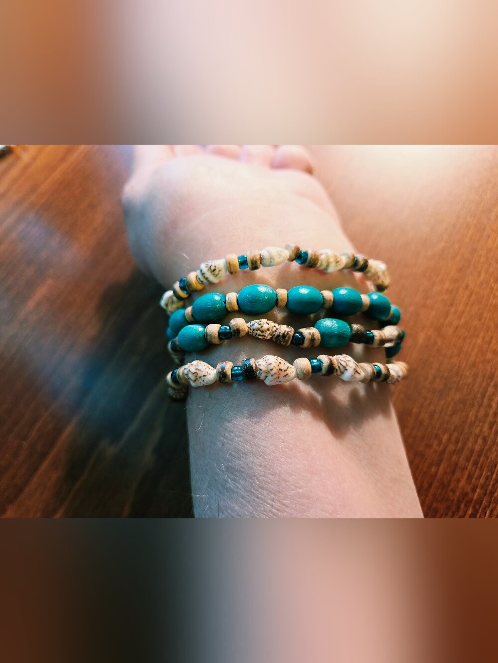 Vintage Wood Turquoise Beaded Shell Wrap Bracelet - Women Jewelry